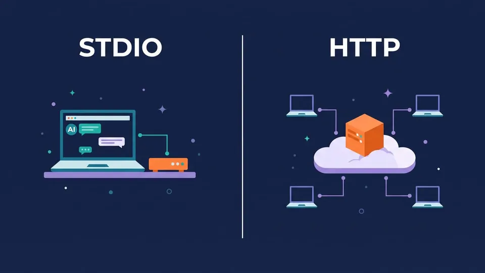Diagram comparing a local stdio MCP server started by the host with a remote HTTP MCP server shared by several clients