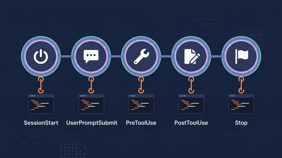 Diagram of a Claude Code session in five steps, SessionStart, UserPromptSubmit, PreToolUse, PostToolUse and Stop, each with a script hanging from it
