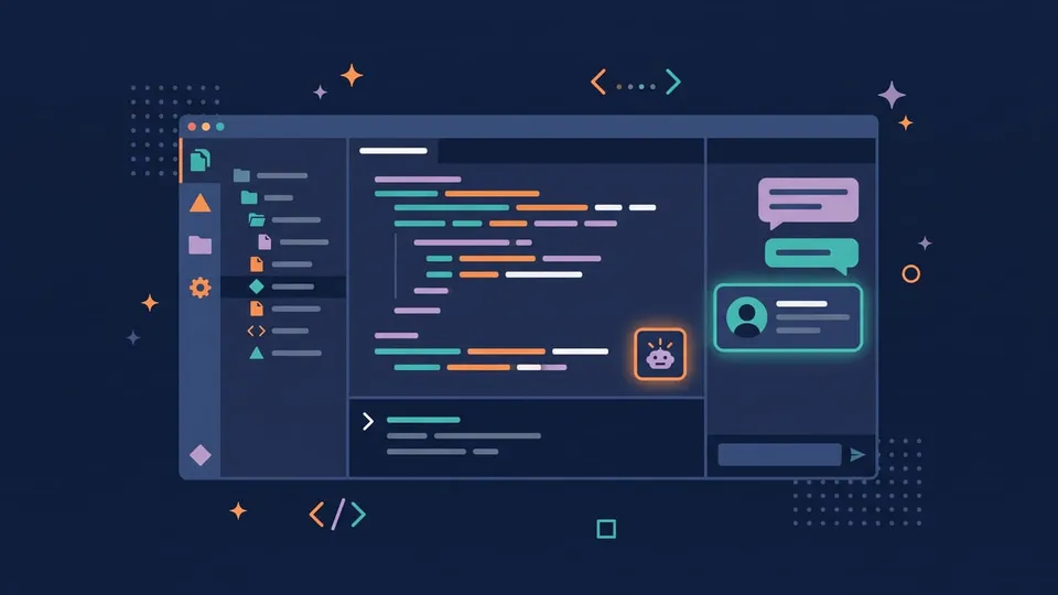 Illustration of a code editor with a file tree, code area and terminal, plus a separate chat panel on the right next to the editor's own assistant