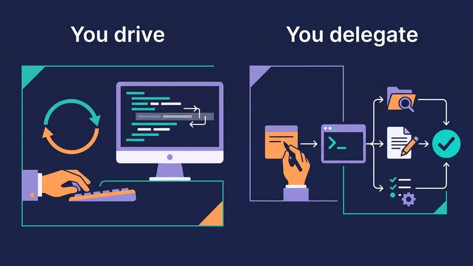 Diagram comparing two workflows: on the left a developer typing in an editor with quick AI suggestions, on the right a developer writing a task that a terminal agent carries out step by step