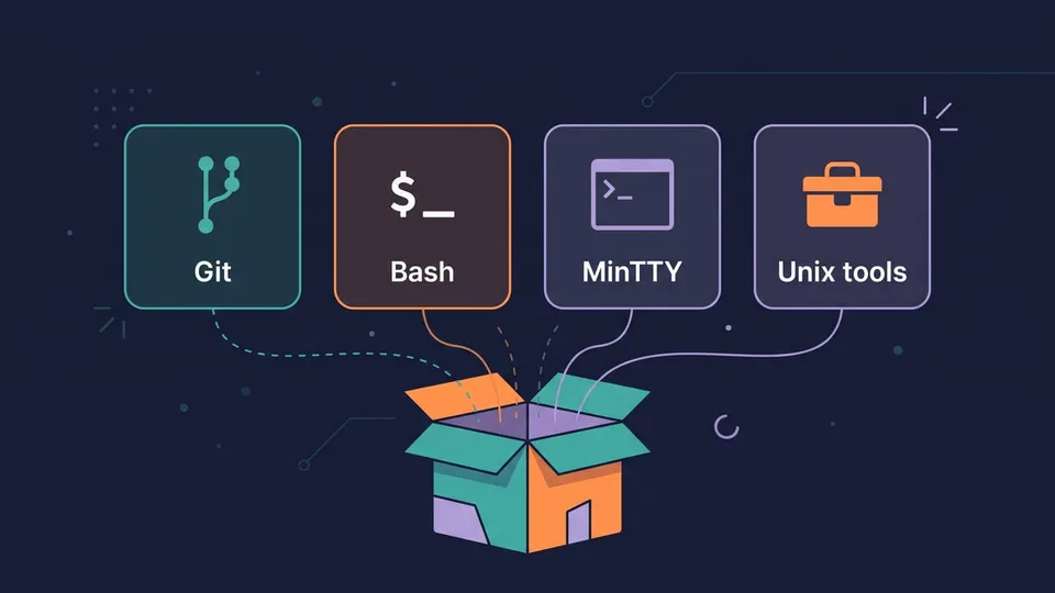 Diagram of the Git for Windows package containing four parts: Git, Bash, MinTTY and Unix tools