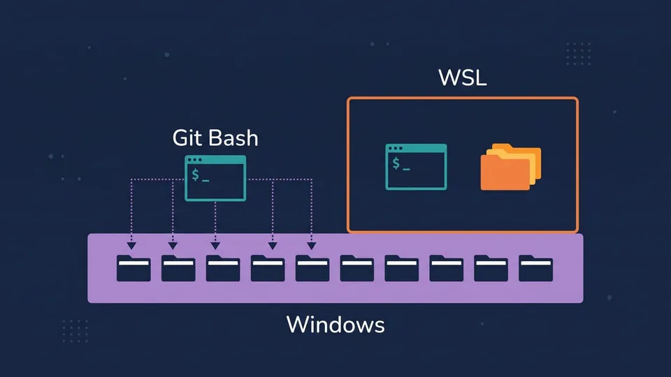 Diagram showing Git Bash working directly on Windows folders while WSL runs inside its own separate box with its own files