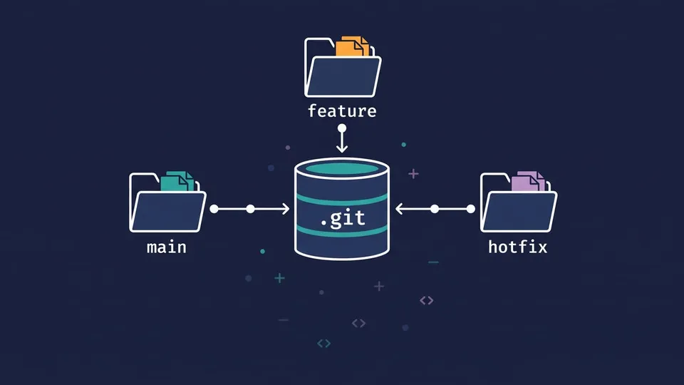 Diagram with three folders, main, feature and hotfix, all connected to a single shared .git repository