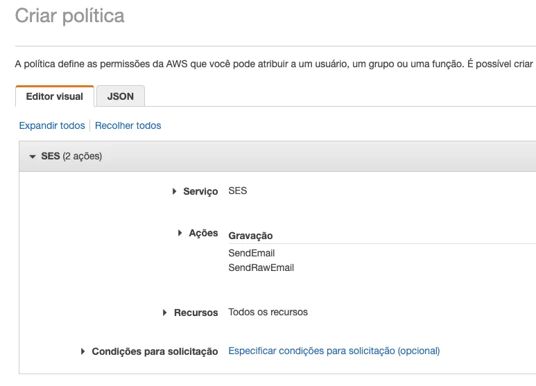 IAM: criando política para permitir envio de e-mails pelo SES
