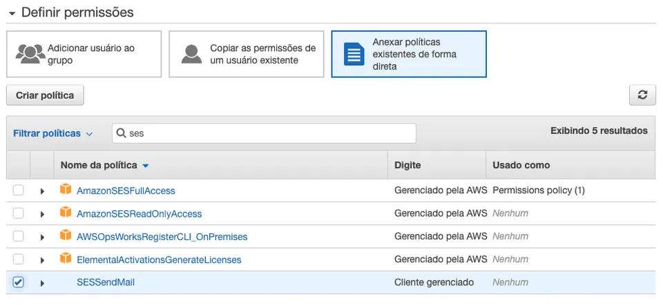 IAM: selecionando a nova política